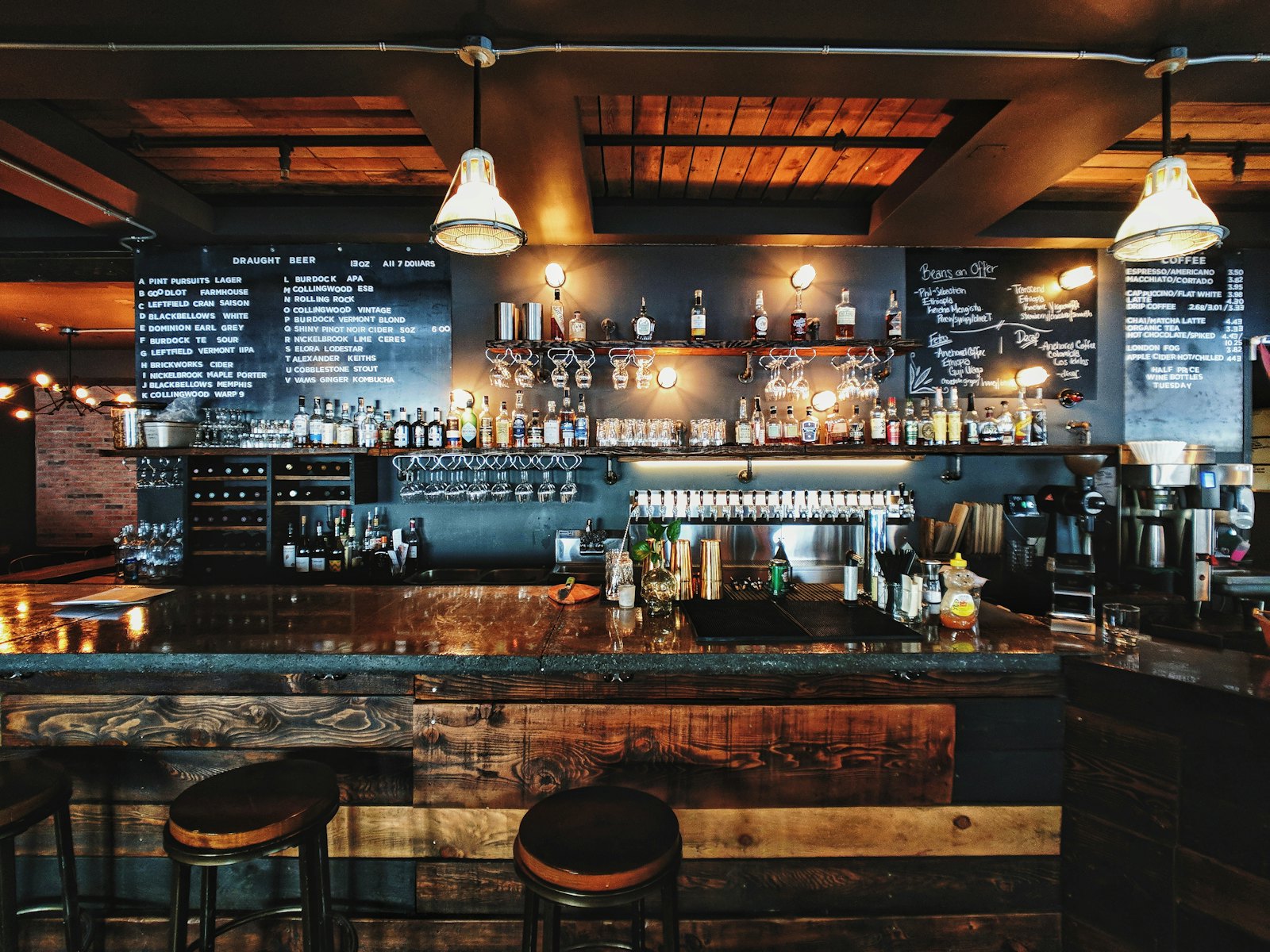 The back bar lined with bottles and glassware