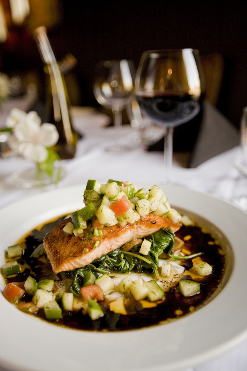 Roasted market fish with braised greens and salsa